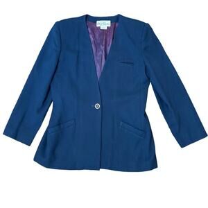 Vintage Oleg Cassini One Button Wool Blazer Nautical Navy Gold Button Size 12